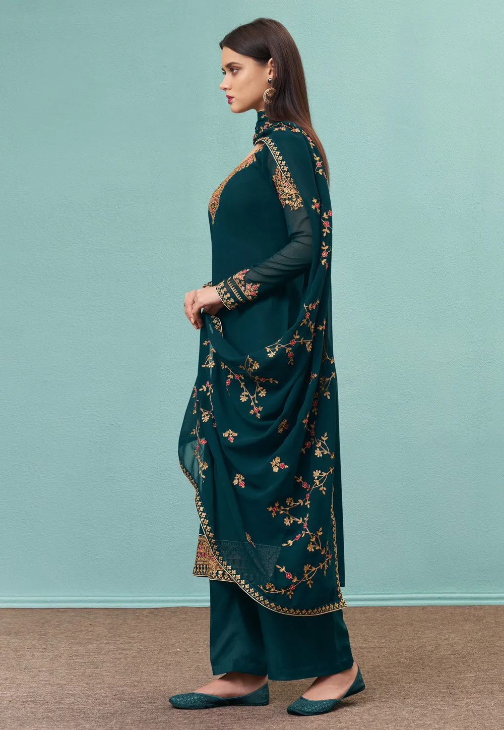 Turquoise Embroidered Pakistani Pant Suit