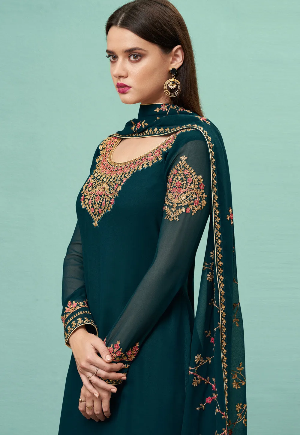 Turquoise Embroidered Pakistani Pant Suit