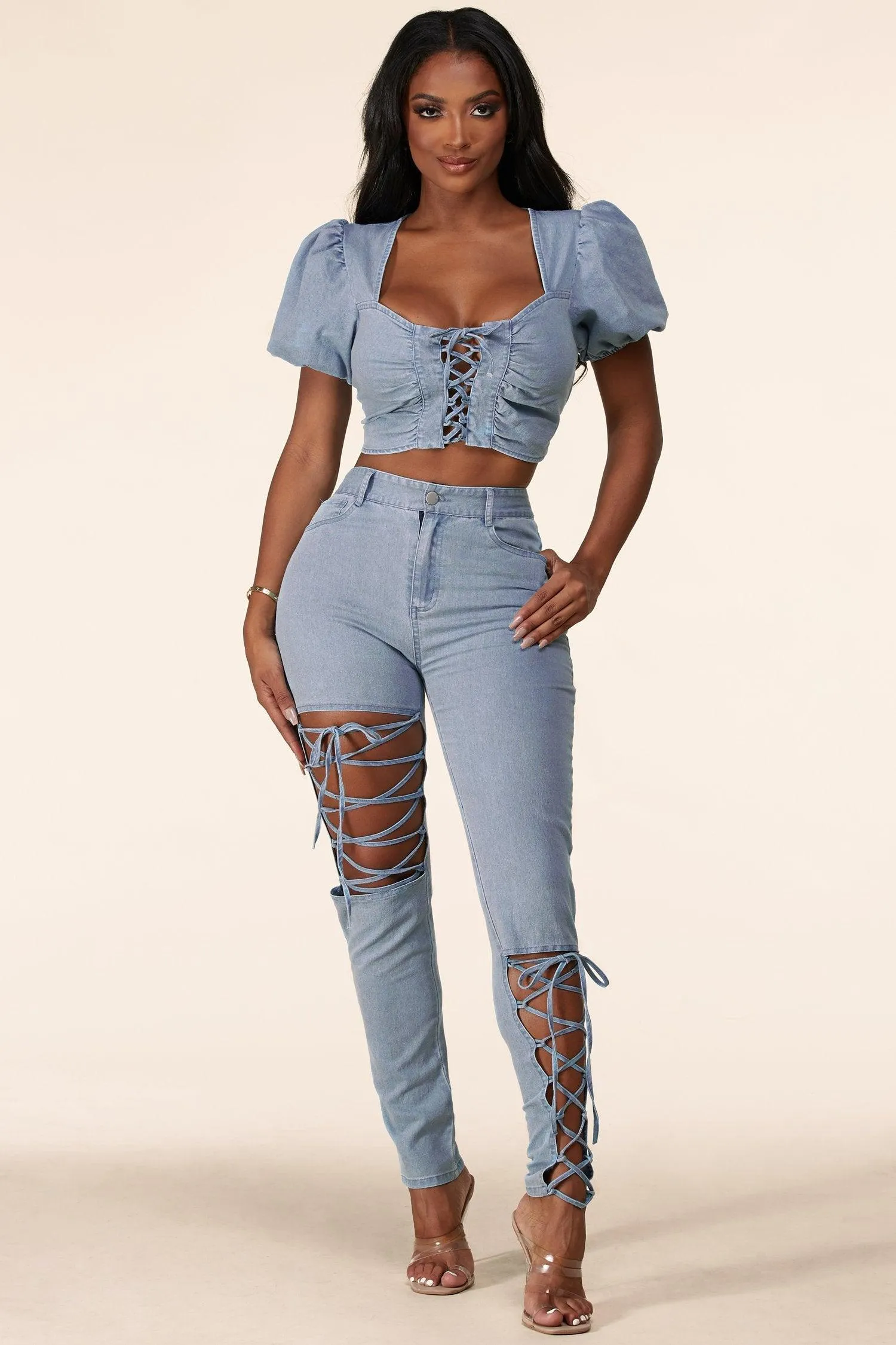 Two piece crop top with puffy sleeves and drawstring pant