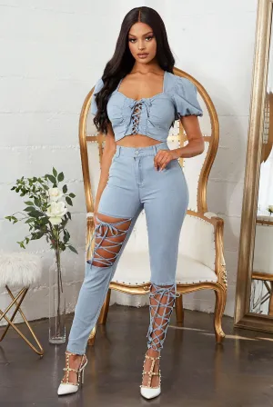 Two piece crop top with puffy sleeves and drawstring pant