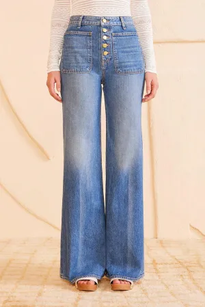 ULLA JOHNSON The Gwynne Jean Flare Wide Leg High-Rise Button Denim- Danube