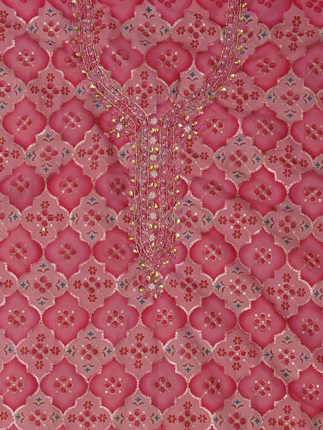 Unstitched Embroidered Organza Pink Dress Material With Dupatta