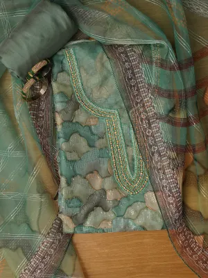 Unstitched Embroidered Sea Green Organza Dress Material With Dupatta