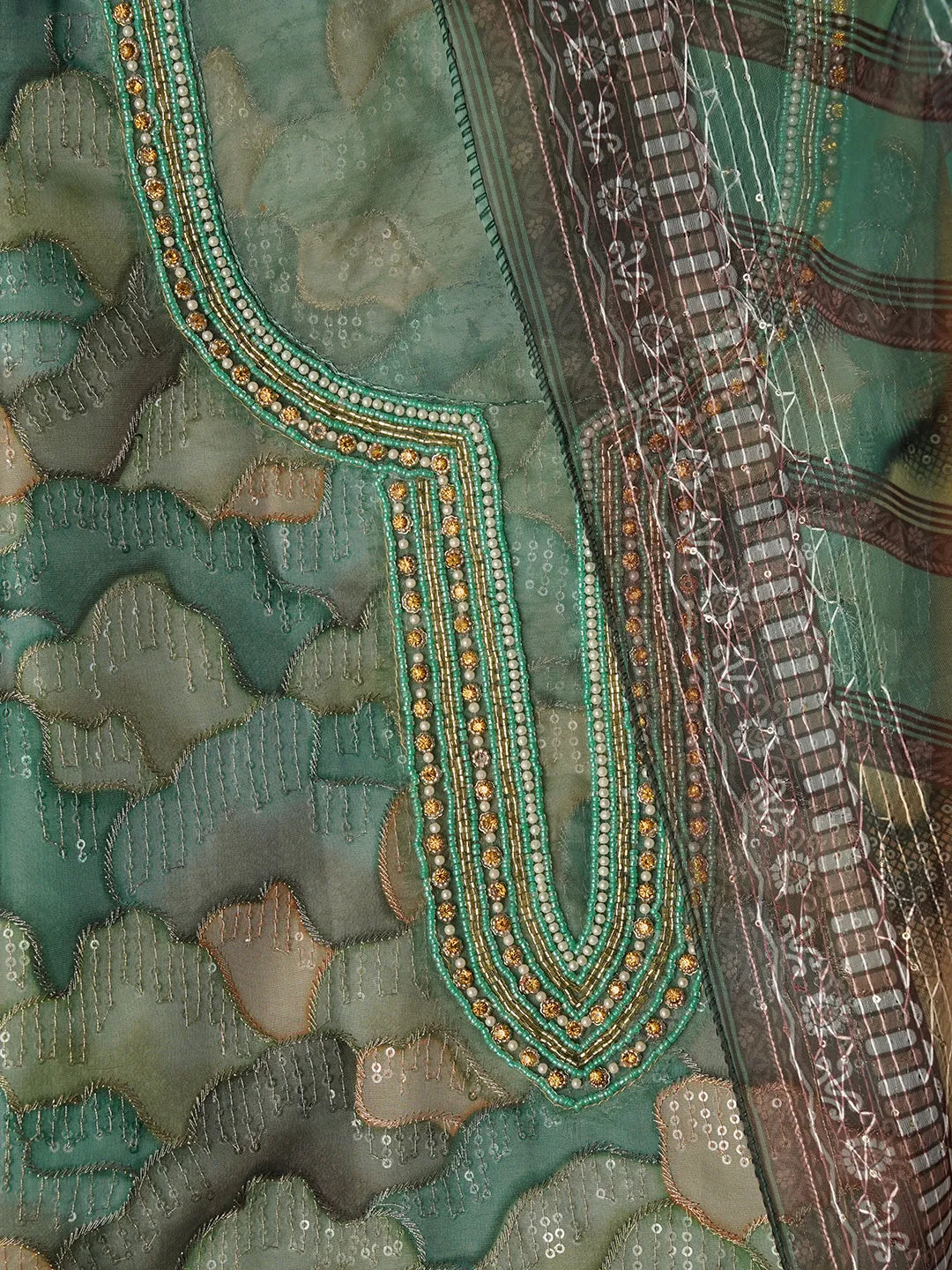 Unstitched Embroidered Sea Green Organza Dress Material With Dupatta
