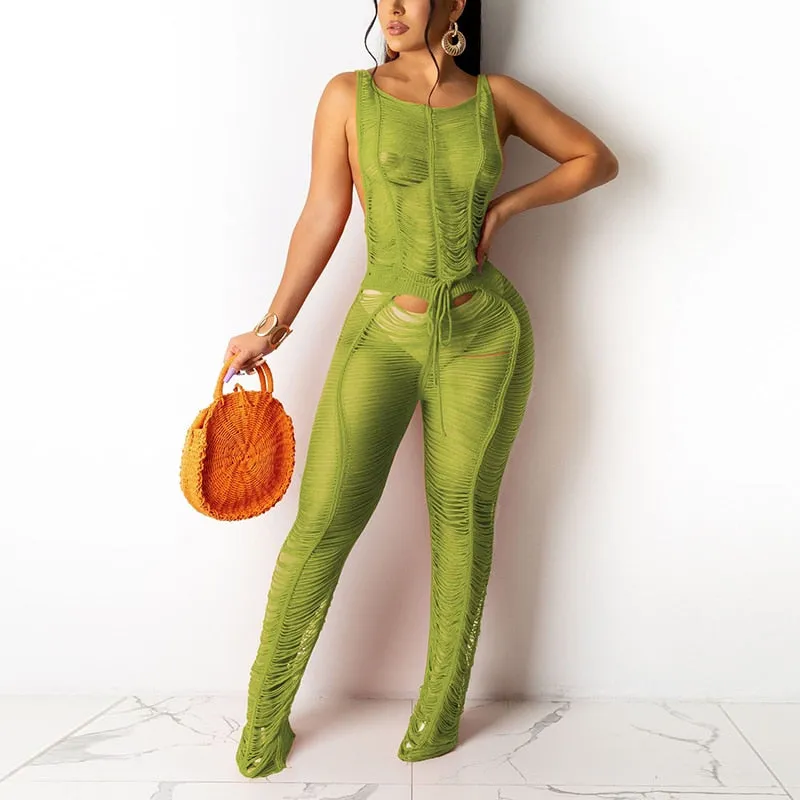 Wenkouban Women Sleeveless Mesh See Through Sexy Jumpsuits