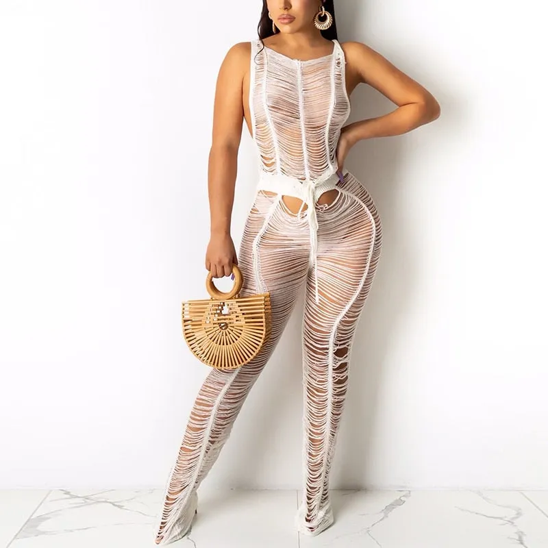 Wenkouban Women Sleeveless Mesh See Through Sexy Jumpsuits
