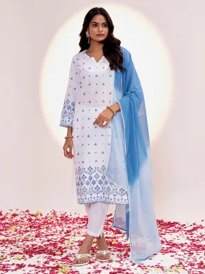 White & Blue Threadwork Embroidered Cotton Kurta Set With Dupatta