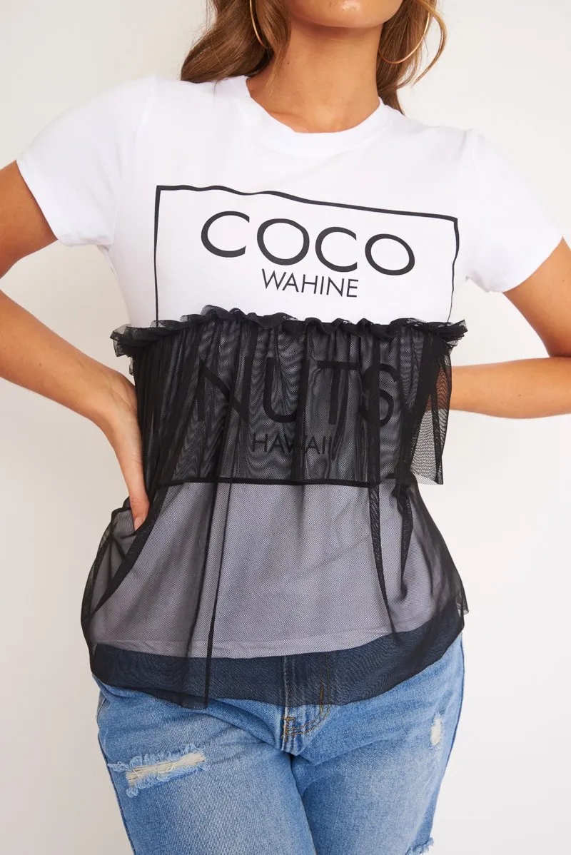 White Coco slogan mesh layer T-shirt - Sarah