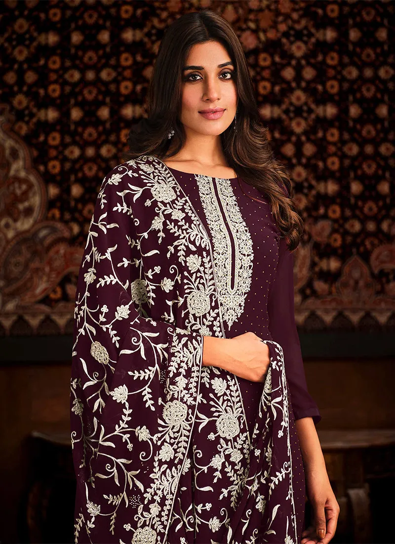 Wine Chikankari Embroidery Georgette Salwar Kameez Suit