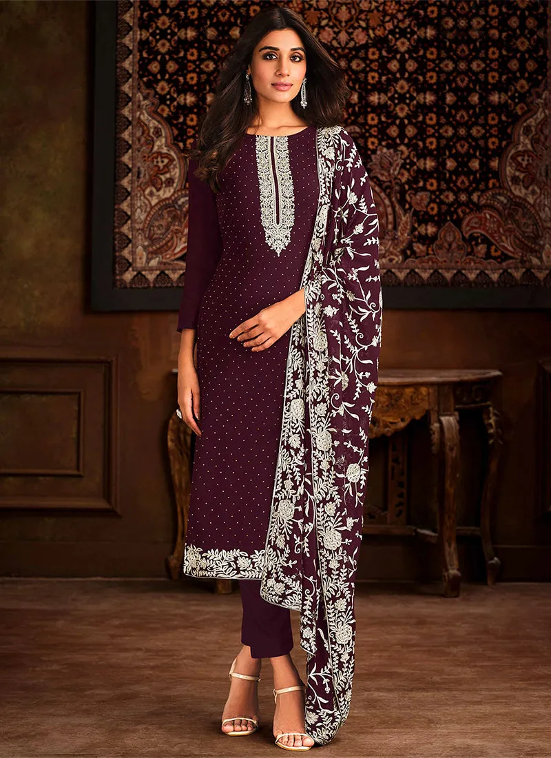 Wine Chikankari Embroidery Georgette Salwar Kameez Suit