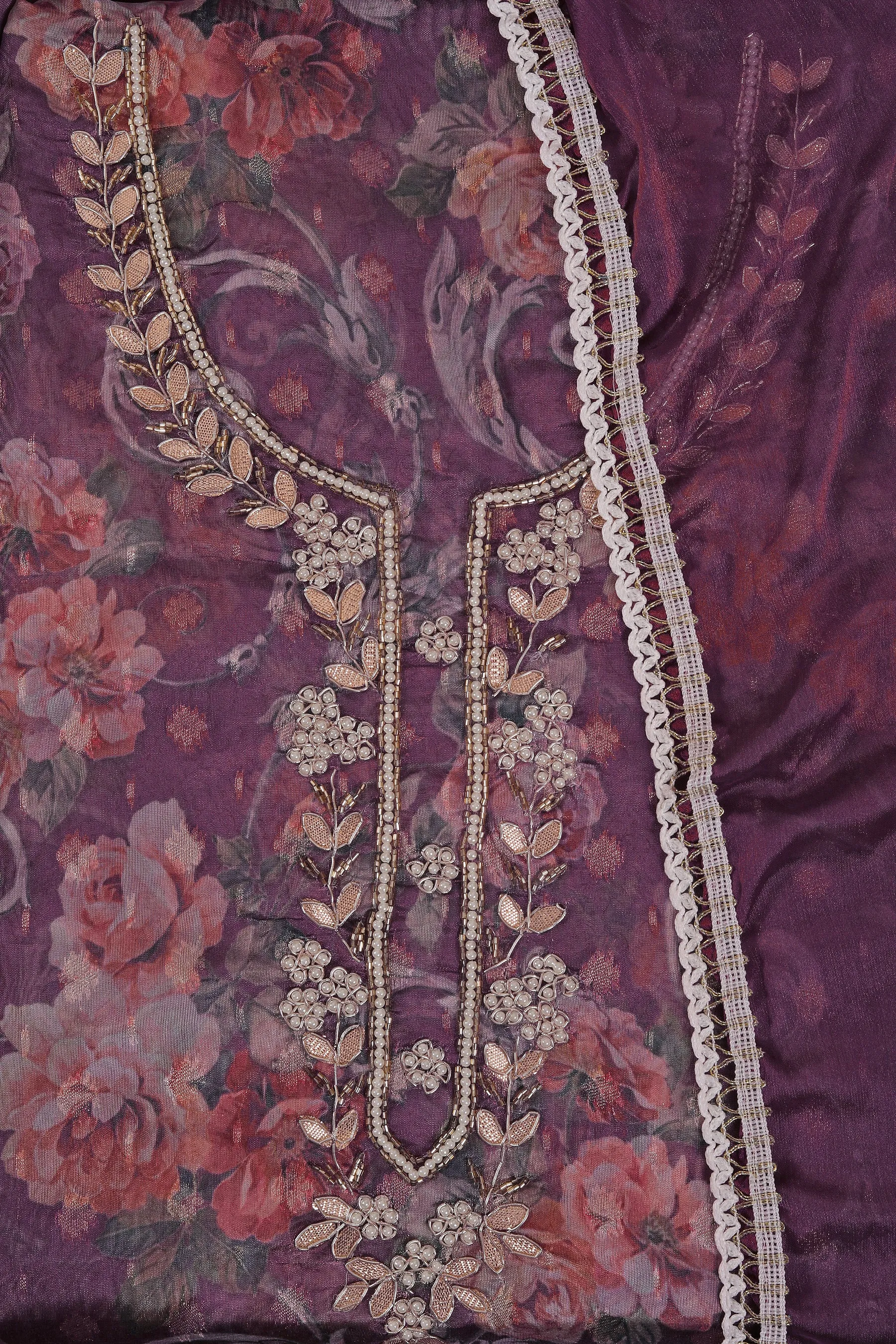 Wine Embellished Zari Woven Dress Material with Dupatta