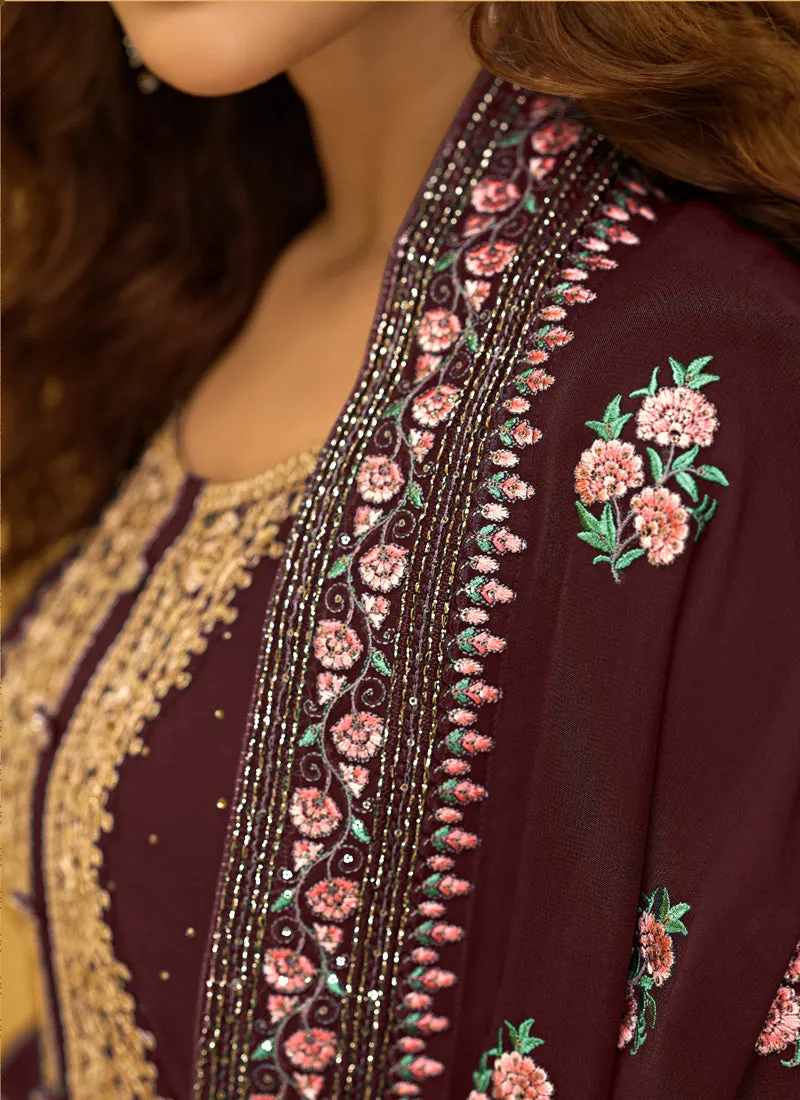 Wine Embroidered Designer Pant Style Suit