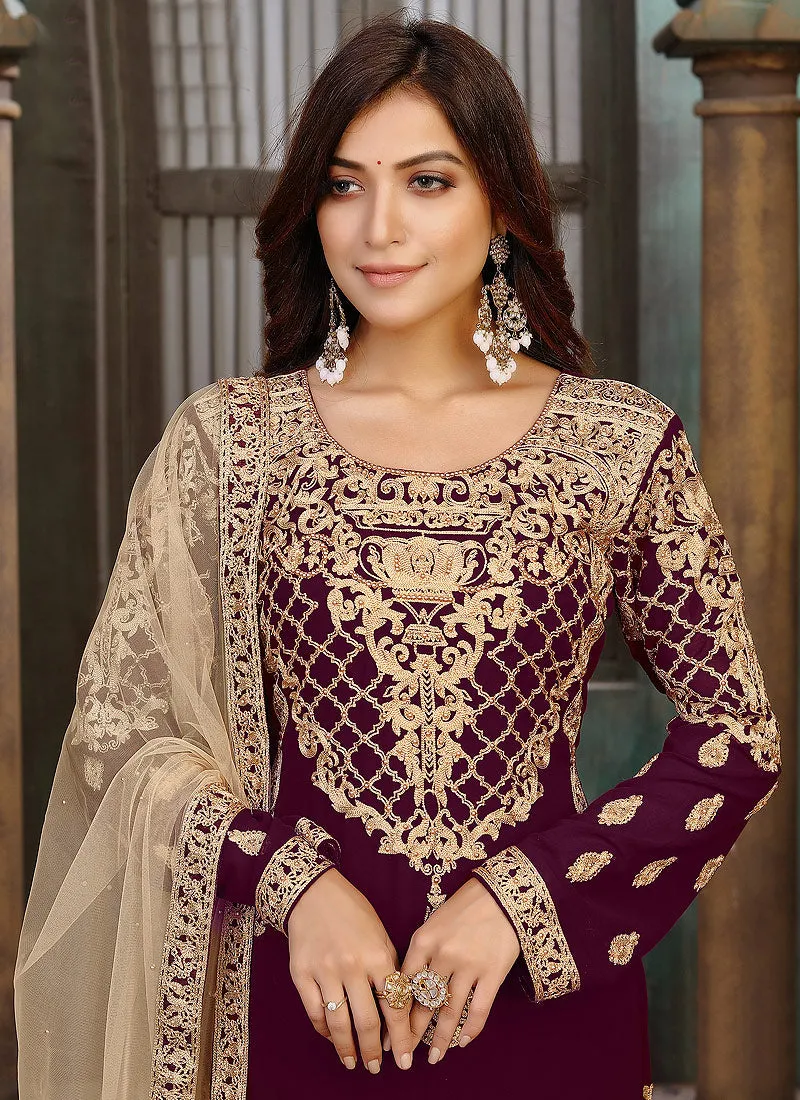 Wine Zari Embroidered Pant Style Suit