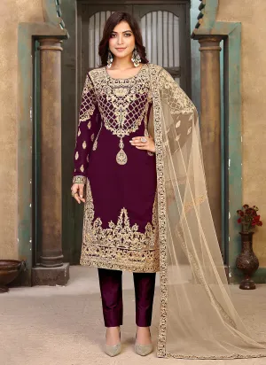 Wine Zari Embroidered Pant Style Suit