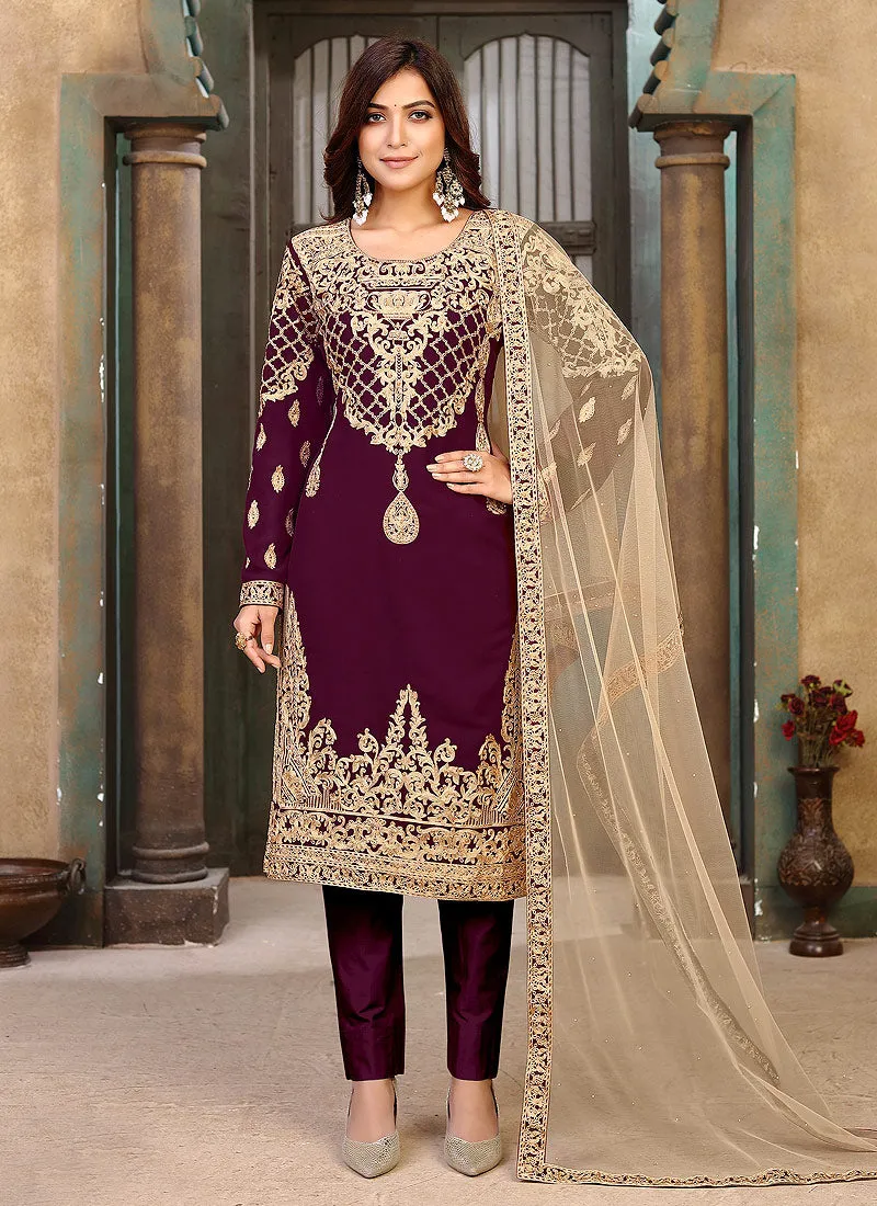 Wine Zari Embroidered Pant Style Suit