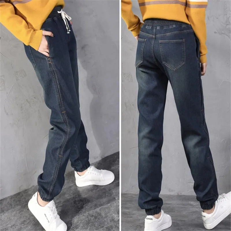 Women Autumn Winter Lace Up Warm Jeans