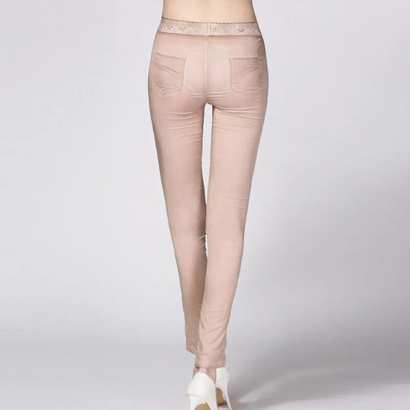 Women Elastic Waist Patchwork Lace Pockets Skinny Trousers