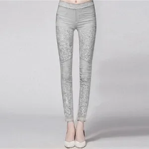 Women Elastic Waist Patchwork Lace Pockets Skinny Trousers