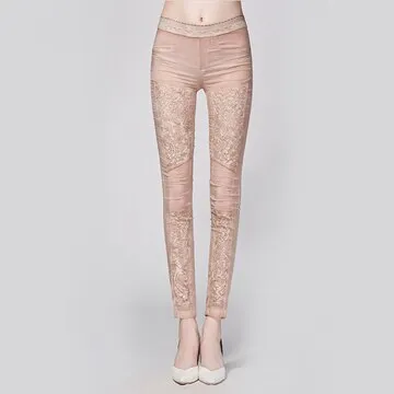 Women Elastic Waist Patchwork Lace Pockets Skinny Trousers
