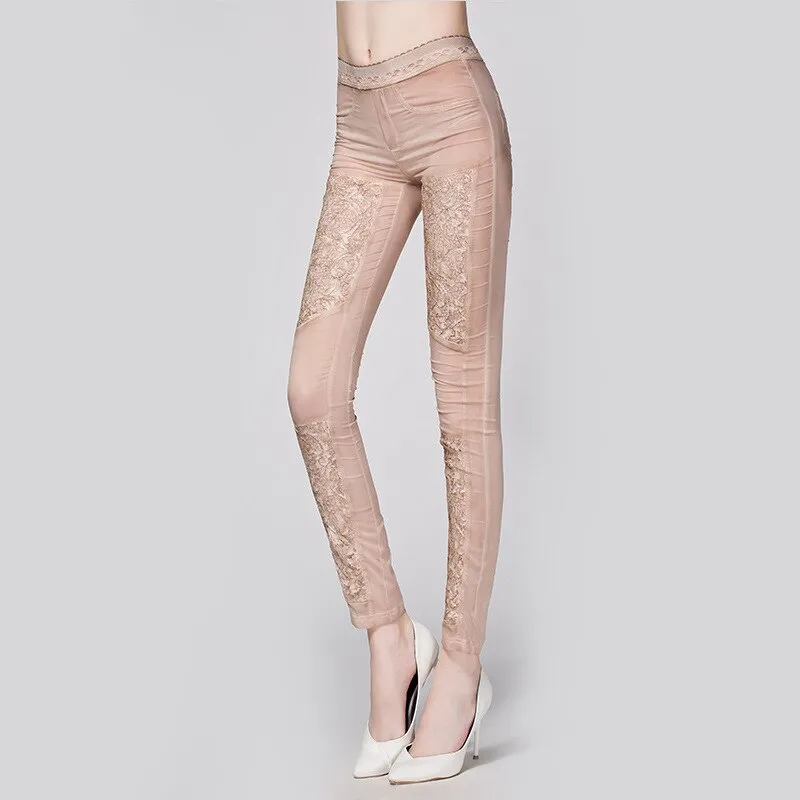 Women Elastic Waist Patchwork Lace Pockets Skinny Trousers
