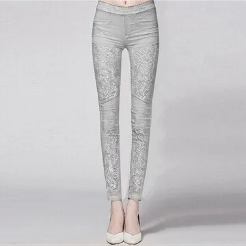 Women Elastic Waist Patchwork Lace Pockets Skinny Trousers