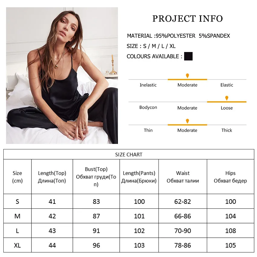 Women's Silky Black Pajamas Set With Lace Back