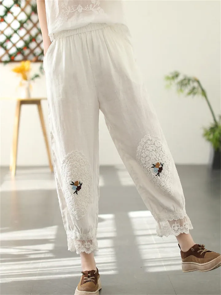 Women's Vintage Lace Patchwork Linen Harem Pants