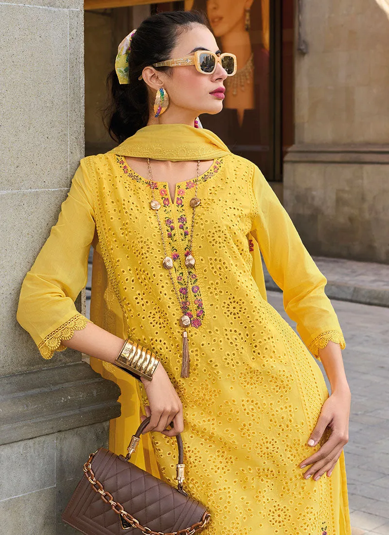 Yellow Chikankari Embroidered Pant Style Salwar Suit