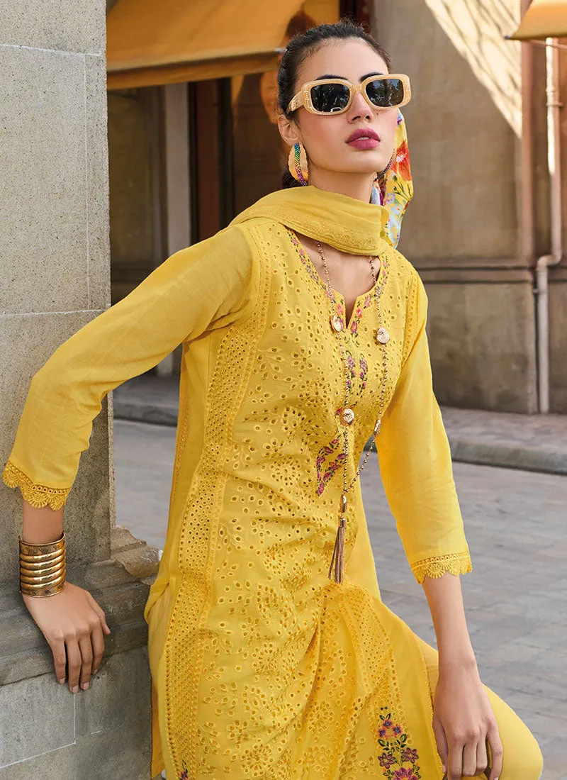 Yellow Chikankari Embroidered Pant Style Salwar Suit