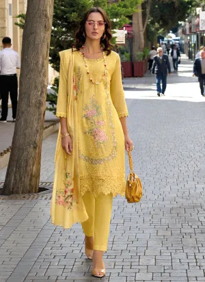 Yellow Chikankari Floral Embroidery Pakistani Style Pant Suit