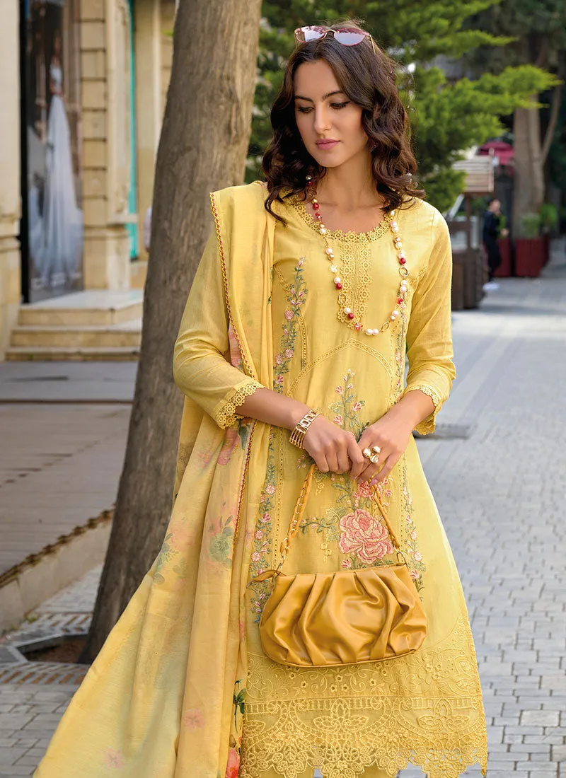 Yellow Chikankari Floral Embroidery Pakistani Style Pant Suit