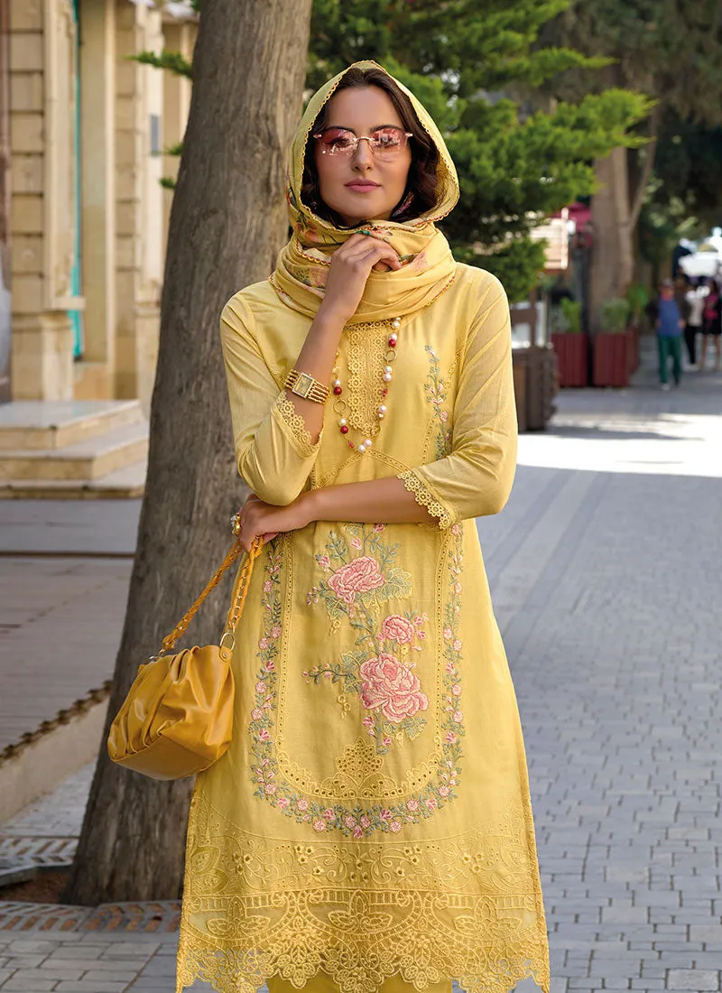 Yellow Chikankari Floral Embroidery Pakistani Style Pant Suit