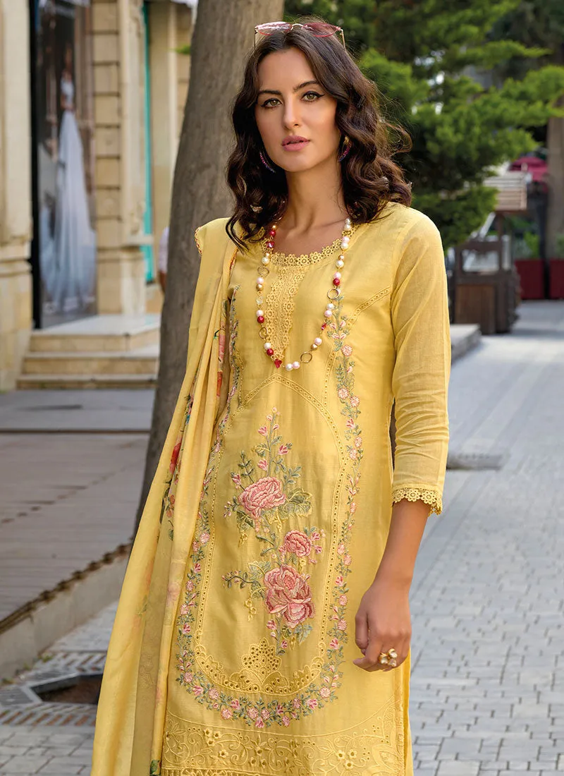 Yellow Chikankari Floral Embroidery Pakistani Style Pant Suit