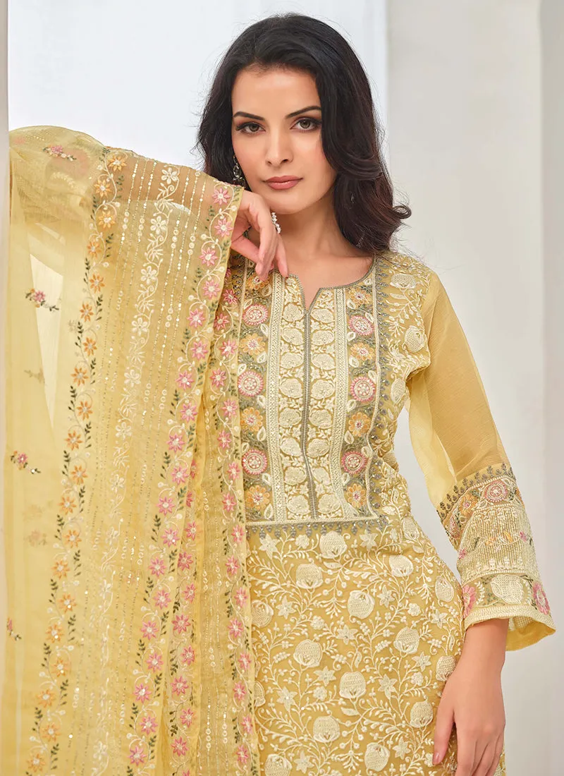 Yellow Embroidery Pakistani Pant Style Suit