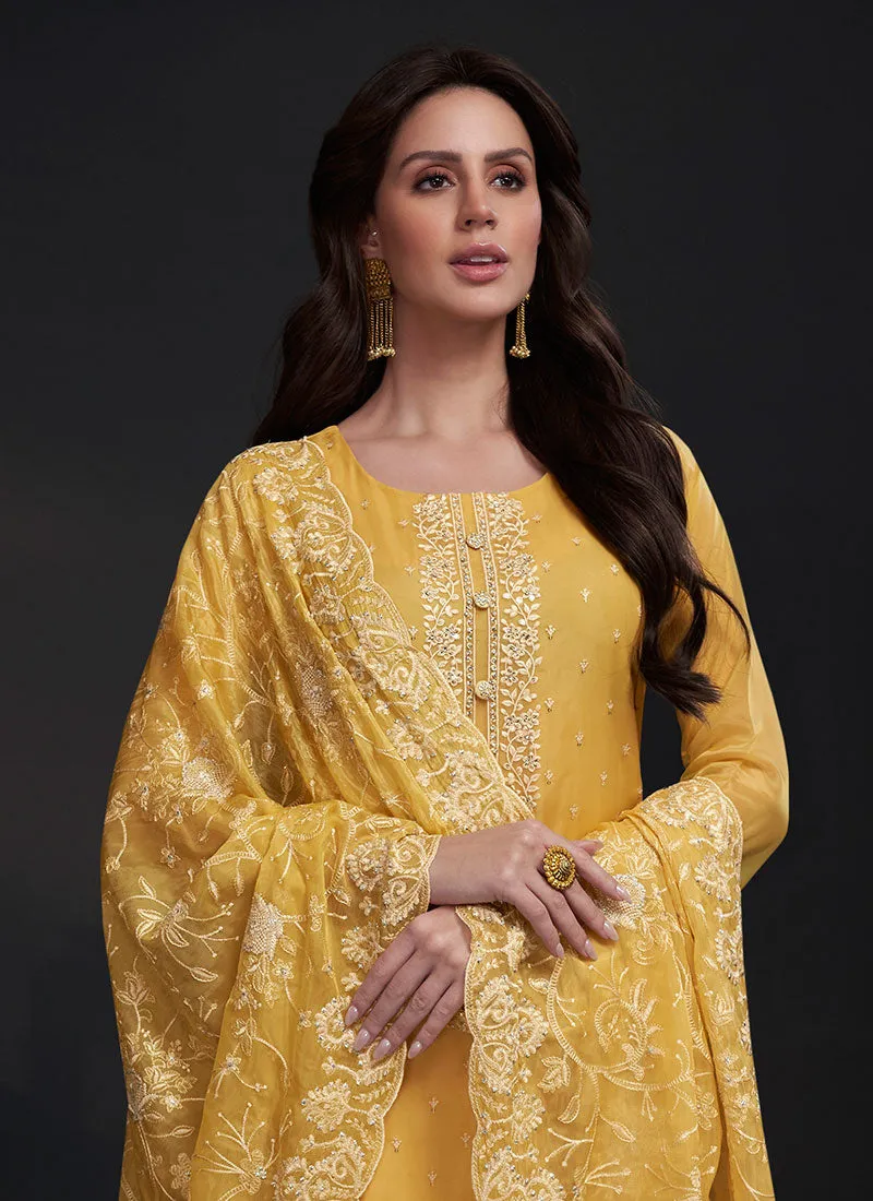 Yellow Embroidery Straight Cut Pant Style Salwar Suit