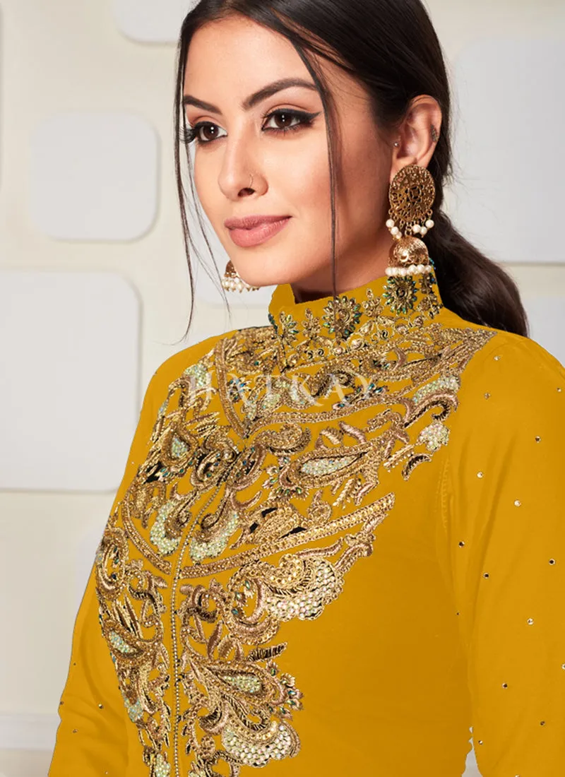 Yellow Golden Zari Embroidery Jacket Style Pant Suit