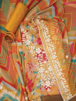 Yellow Lucknowi Embroidered Organza Dress Material with Dupatta