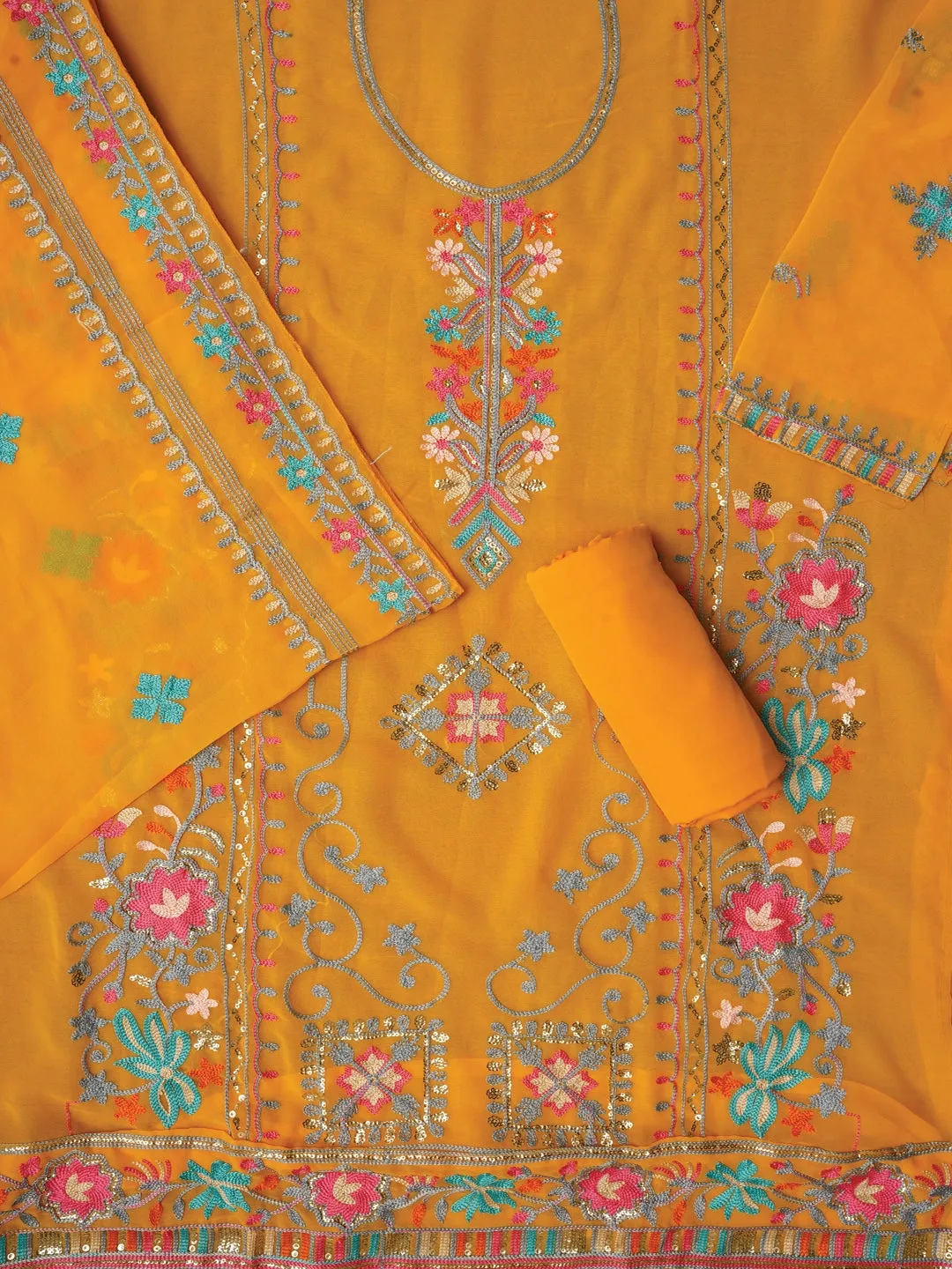 Yellow Sequin Embroidered Silk Georgette Dress Material with Dupatta