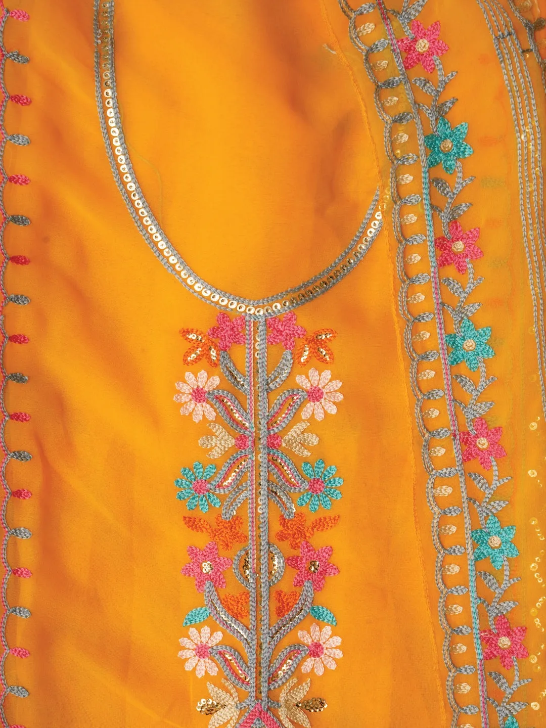 Yellow Sequin Embroidered Silk Georgette Dress Material with Dupatta