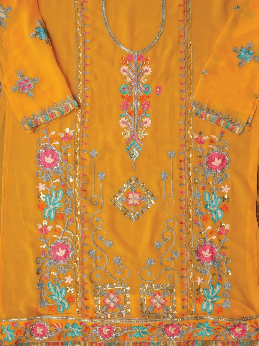Yellow Sequin Embroidered Silk Georgette Dress Material with Dupatta