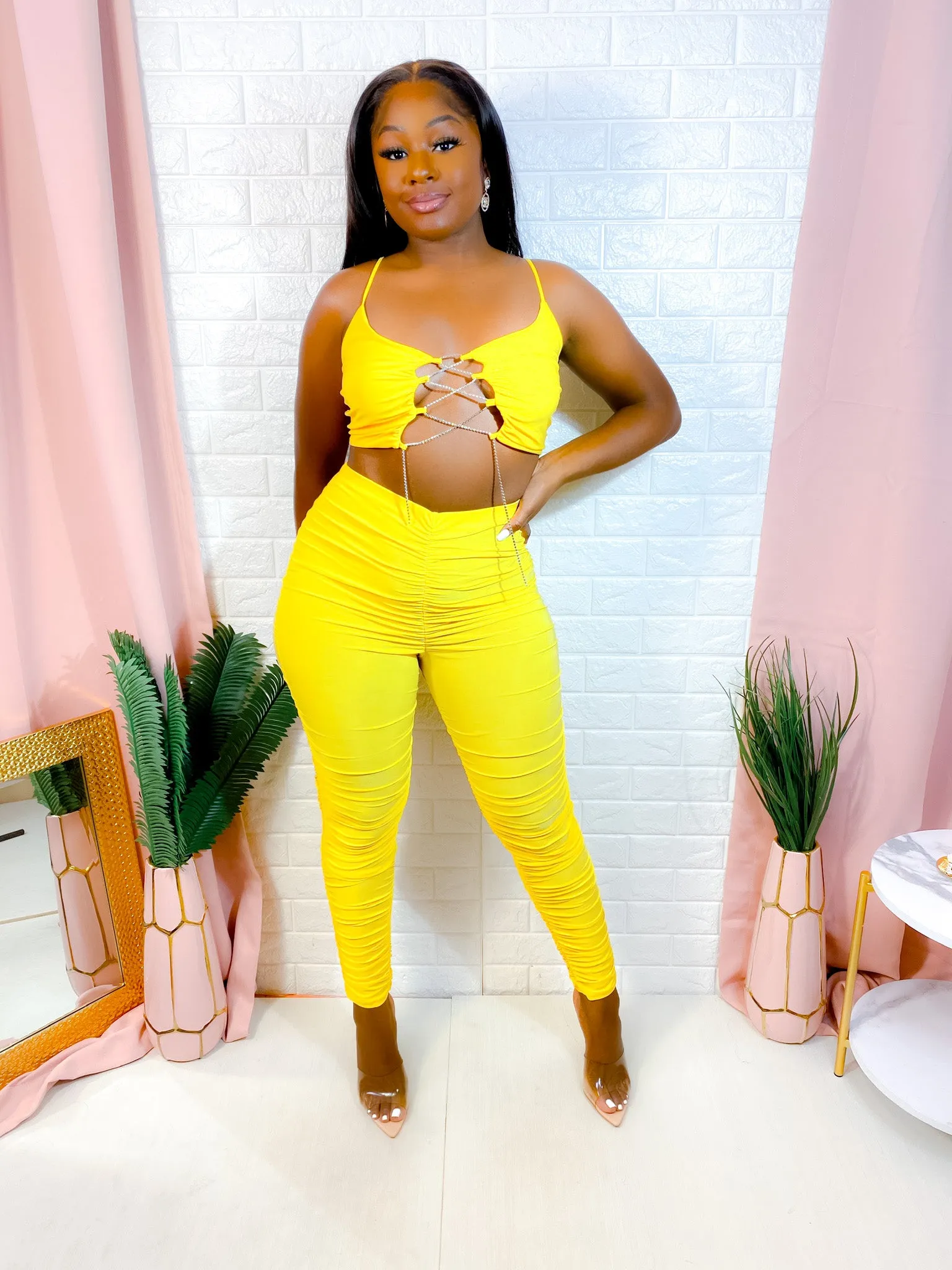 YOUR A GEM BABE PANTS SET (YELLOW) (FINAL SALE)