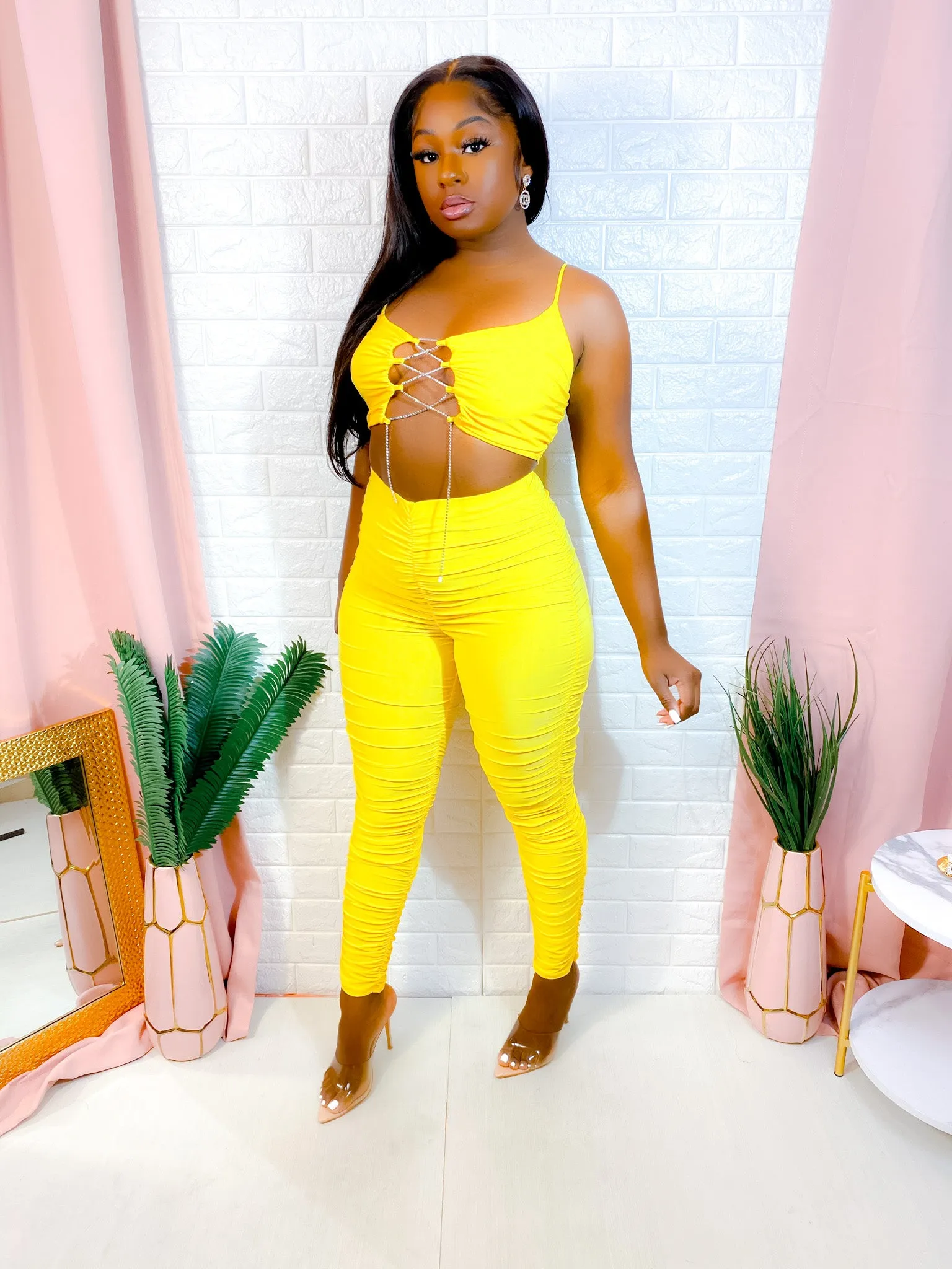 YOUR A GEM BABE PANTS SET (YELLOW) (FINAL SALE)
