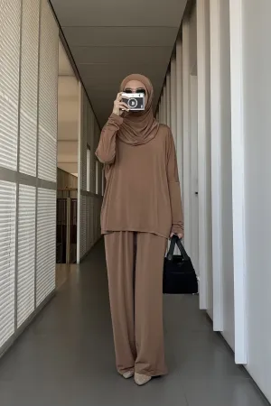 Yura Set - Brown - One Set Hijab Blouse Celana Bahan Jersey Premium - ST1650080