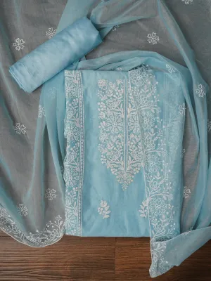 Zari Embroidered Organza Sky Blue Dress Material with Dupatta
