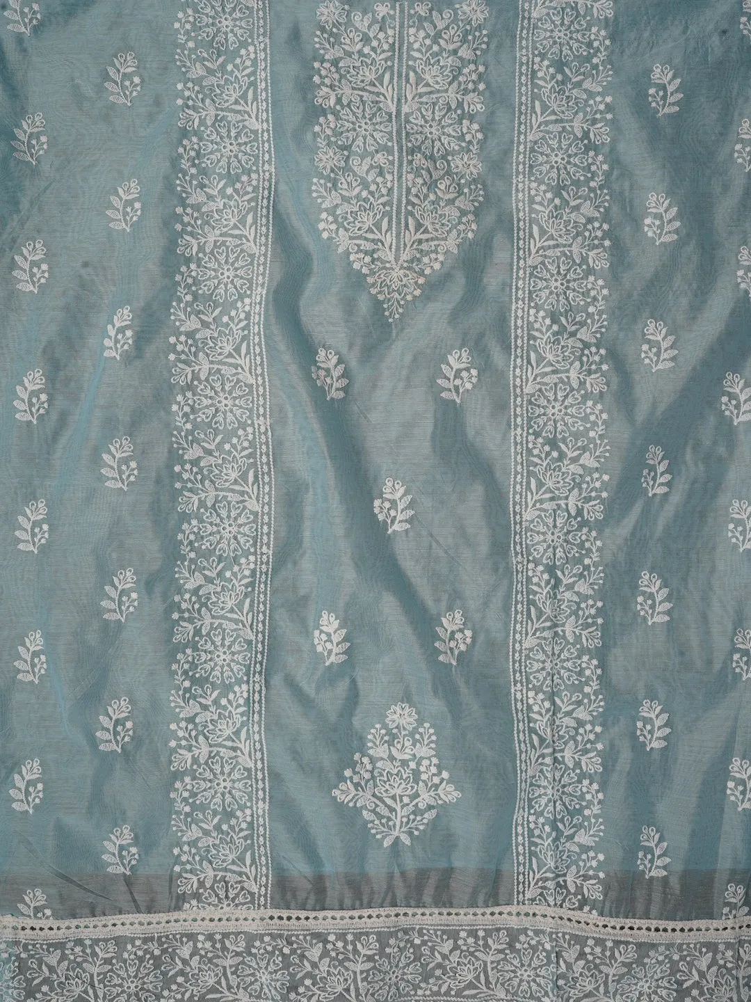 Zari Embroidered Organza Sky Blue Dress Material with Dupatta